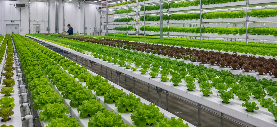 Commercial hydroponic farming facility with rows of fresh leafy vegetables grown indoors