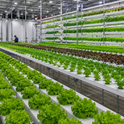 Commercial hydroponic farming facility with rows of fresh leafy vegetables grown indoors