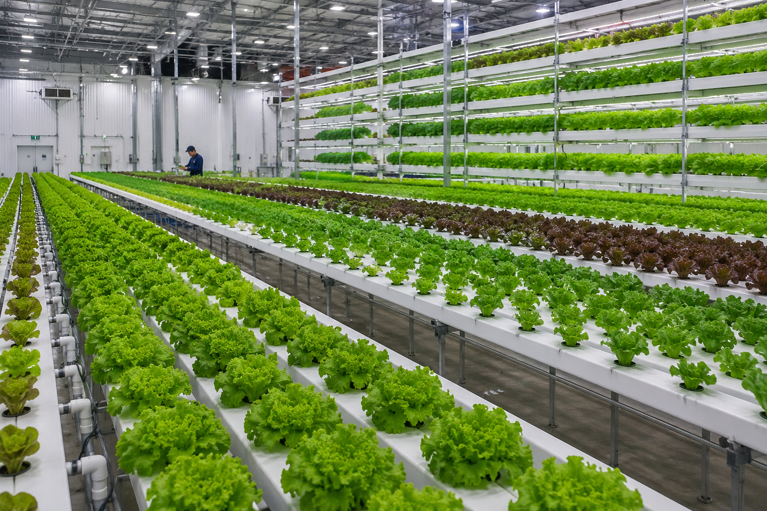 Commercial hydroponic farming facility with rows of fresh leafy vegetables grown indoors