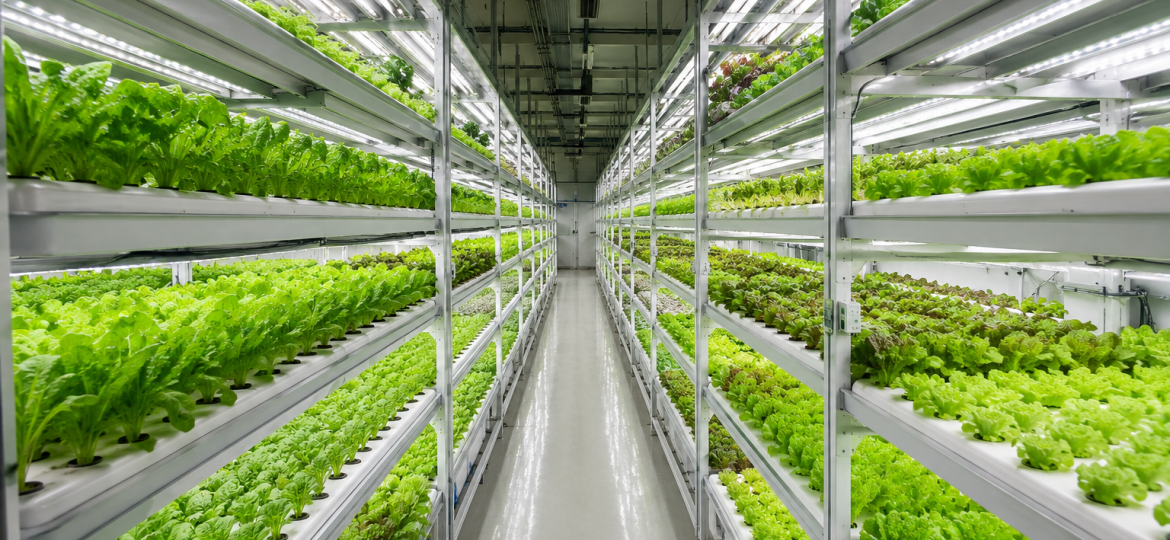 Commercial hydroponic farming system with multiple rows of leafy green vegetables