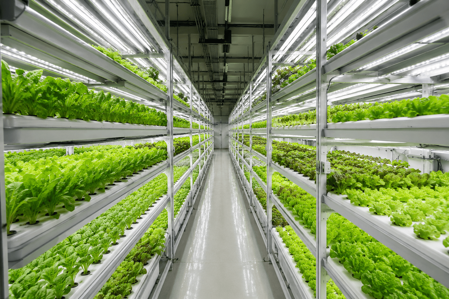 Commercial hydroponic farming system with multiple rows of leafy green vegetables