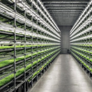 Commercial vertical NFT hydroponic farming system with multi-layer grow racks and LED lights for indoor leafy green cultivation