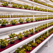 Commercial indoor NFT hydroponic system with multi-tier PVC channels and leafy green crops under LED grow lights