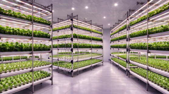 Large-scale commercial indoor NFT hydroponic system with multi-tier racks and LED grow lights