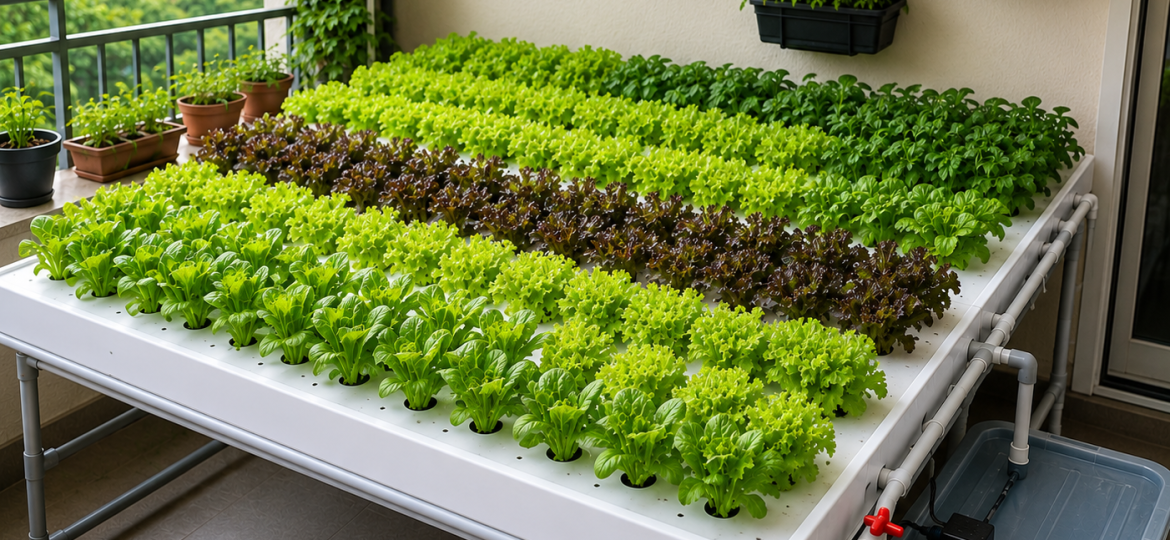 Hydroponic farming at home with fresh leafy vegetables growing in a compact indoor system
