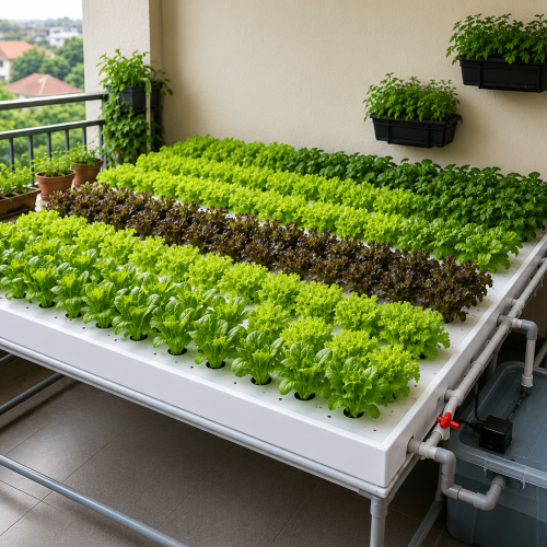 Hydroponic farming at home with fresh leafy vegetables growing in a compact indoor system