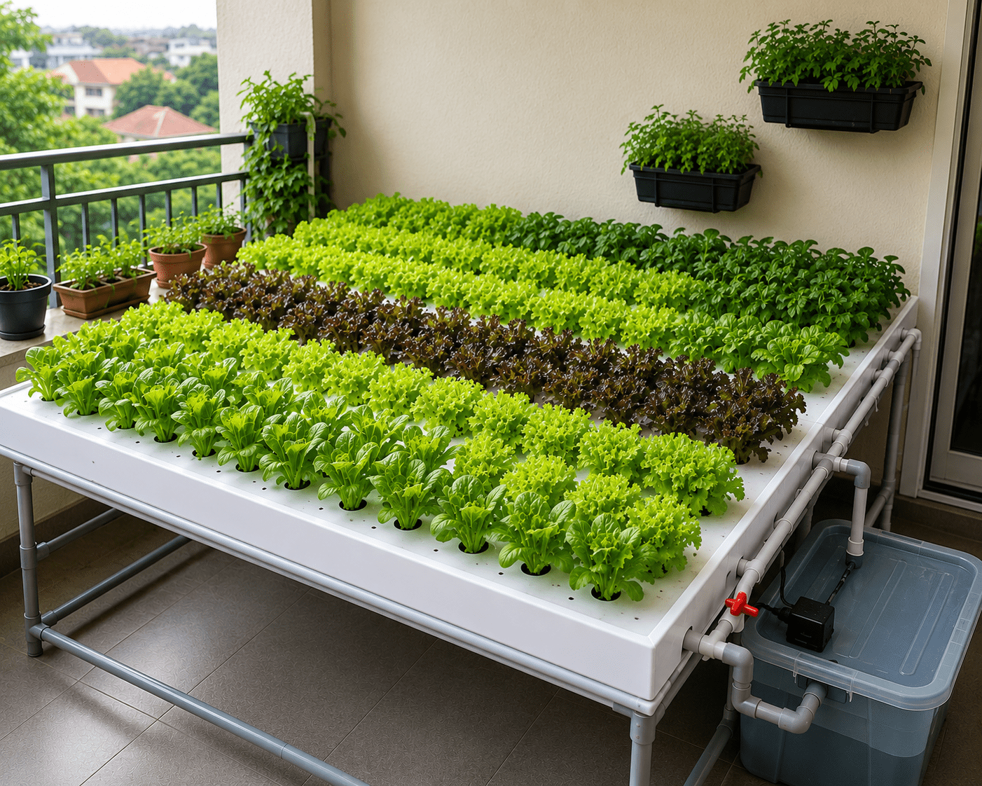Hydroponic farming at home with fresh leafy vegetables growing in a compact indoor system