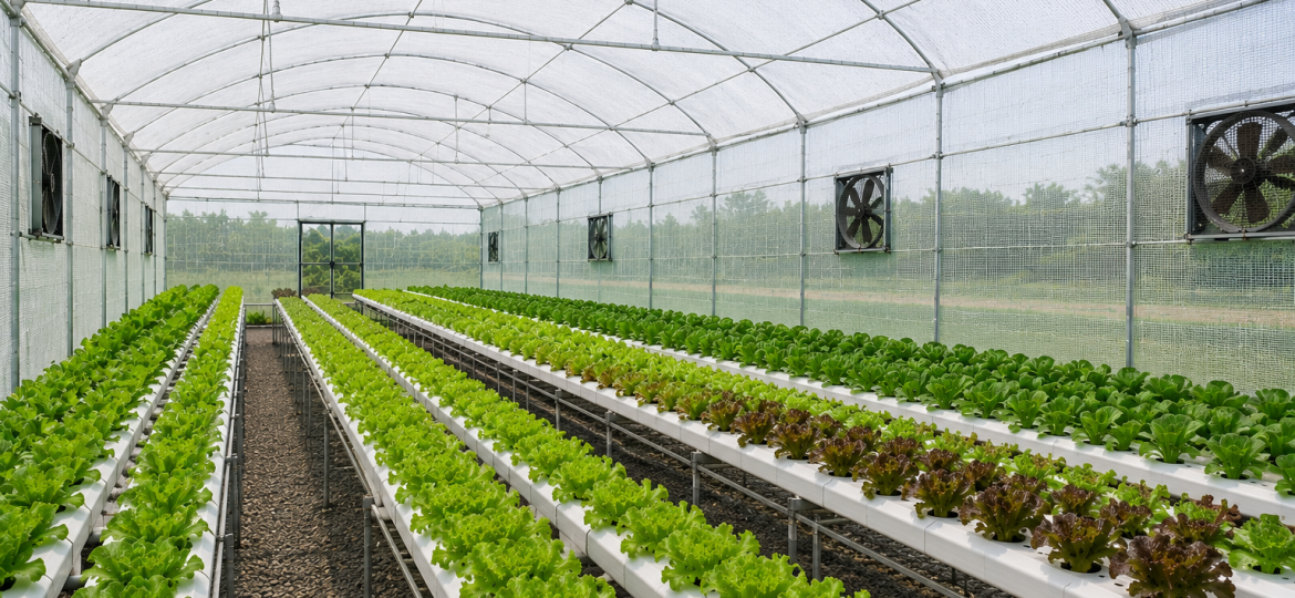 Net house farming system with rows of healthy vegetable crops under protected cultivation