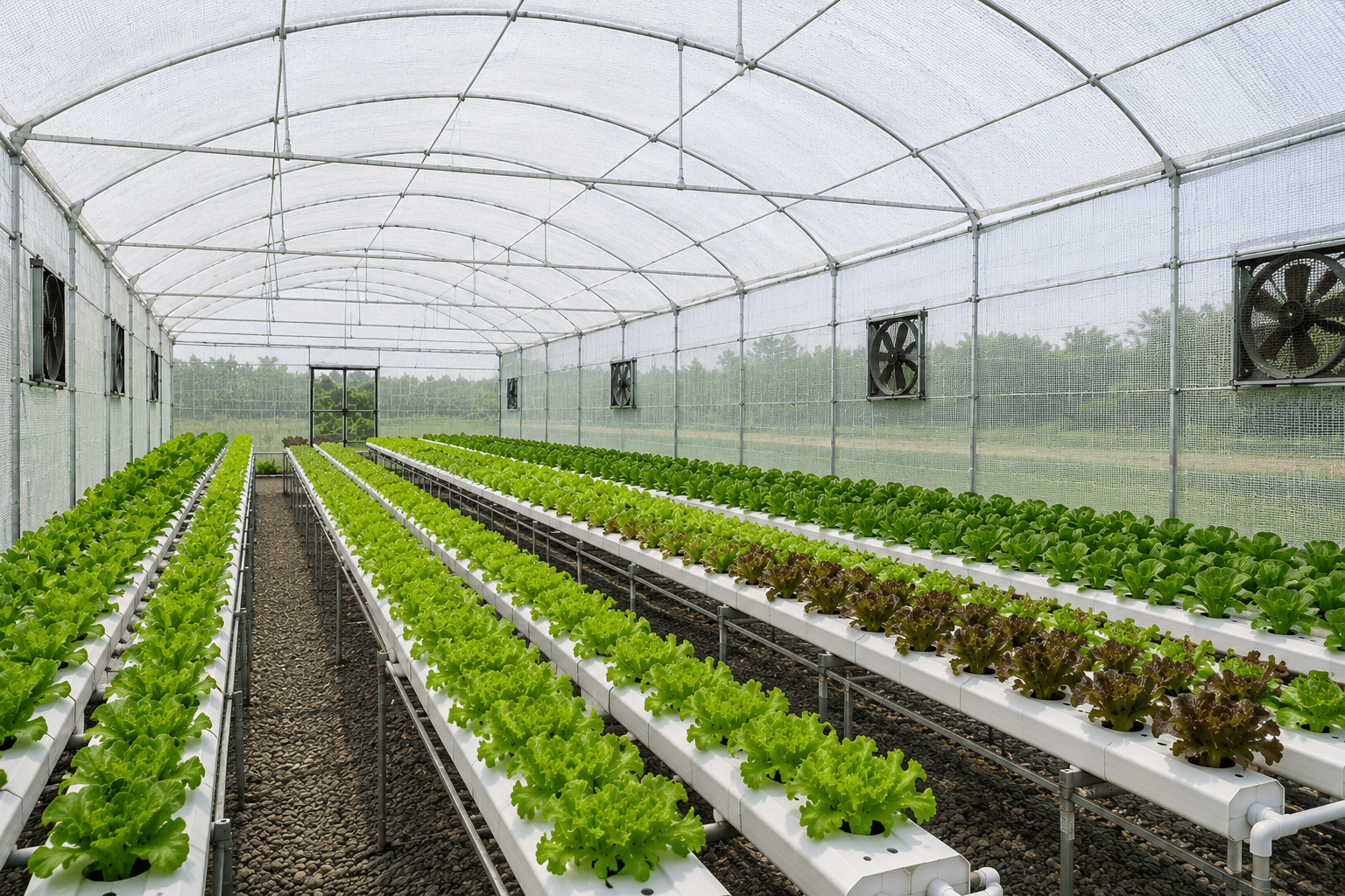 Net house farming system with rows of healthy vegetable crops under protected cultivation