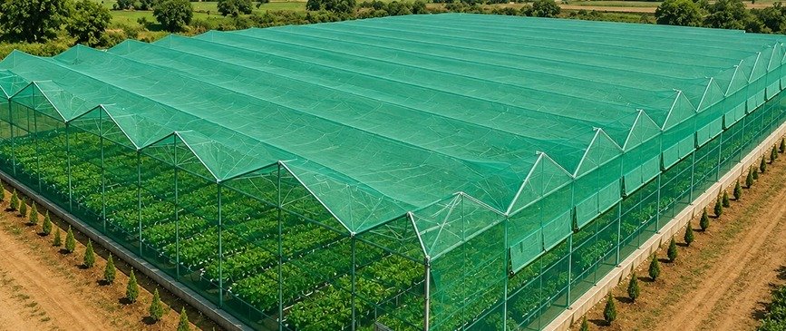 Large commercial greenhouse with a green mesh cover over rows of plants inside a long, pitched-roof structure.