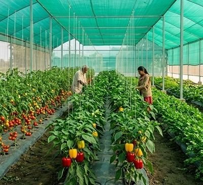 Greenhouse with rows of tomato plants on supports; two workers inspect and tend the plants amid green shade cloth overhead.