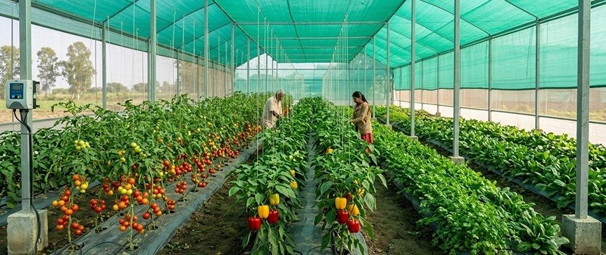 Greenhouse with rows of tomato plants on supports; two workers inspect and tend the plants amid green shade cloth overhead.