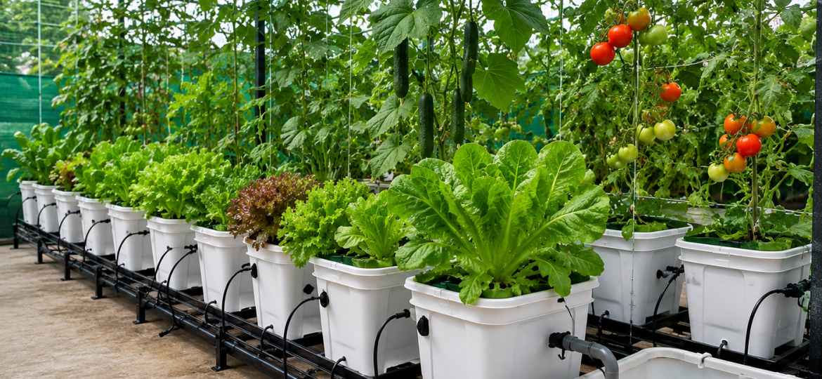 Hydroponic vegetable farming system with leafy green plants growing in white containers