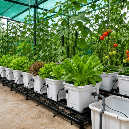 Hydroponic vegetable farming system with leafy green plants growing in white containers