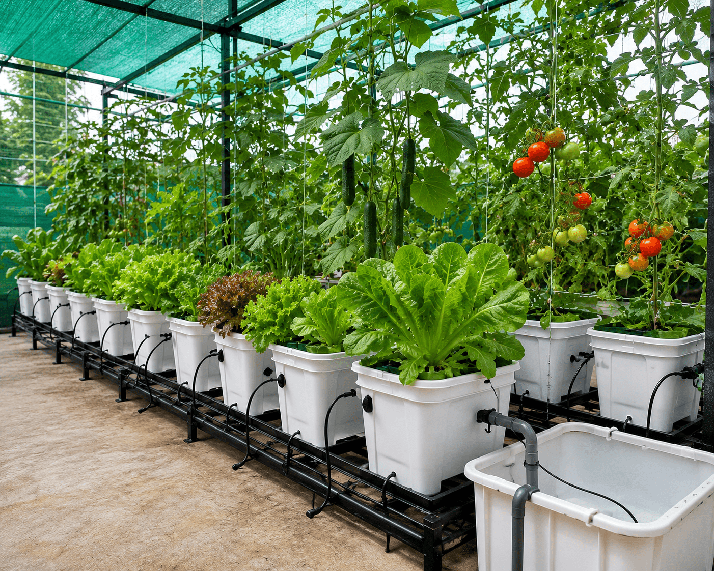 Hydroponic vegetable farming system with leafy green plants growing in white containers