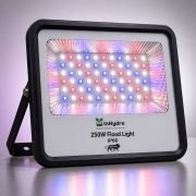 InHudro 250W flood light with a square black frame and a panel of red, blue, and white LEDs inside a reflective interior