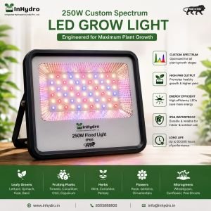 Grow light Flood Light - INHYDRO – Hydroponics Farming Systems, Equipment & Turnkey Solutions in India LED grow light ad: 250W Custom Spectrum flood light by InHydro, with features list on the right and contact info at bottom.
