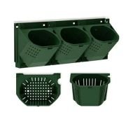 Three green wall-mounted waste bins with detachable perforated baskets for sorting trash or recyclables in a multi-bin station
