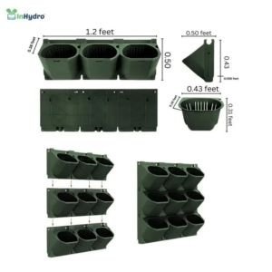 Green InHydro modular plant container system with round pots and dimension labels showing size