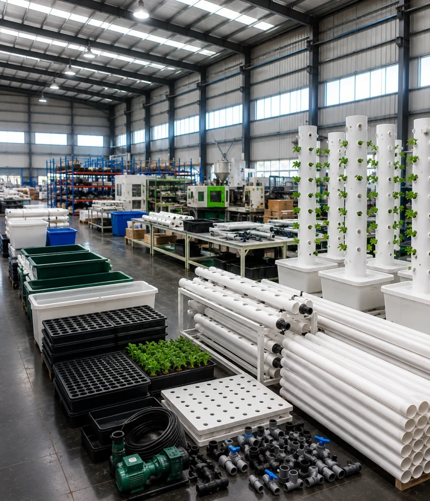 Spacious industrial warehouse with vertical plant towers and seedlings, indicating a hydroponic farming setup amid racks and equipment