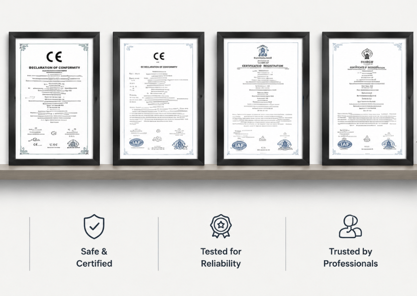 Four framed certificates on a shelf with three trust badges below: ‘Safe & Certified’, ‘Tested for Reliability’, ‘Trusted by Professionals’.