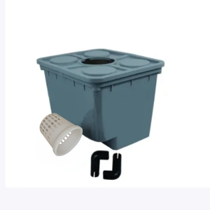 Top view of a blue plastic trash can with four circular lid sections and a central circular opening; a beige vent/ring lies nearby
