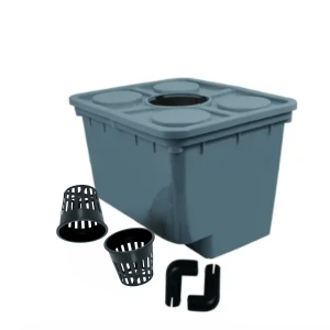 Gray rectangular outdoor trash can with a large circular opening on the lid and surrounding vent features (image shows multiple circular cutouts).