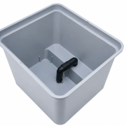 Gray plastic rectangular tub with an internal P-trap-style pipe assembly visible from above