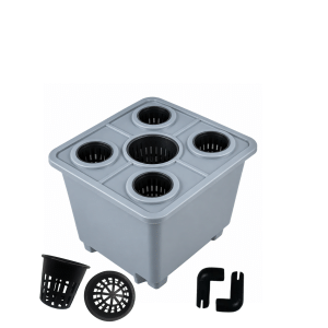 Grey plastic bin insert with multiple circular openings for removable baskets, shown with accompanying black accessories nearby.