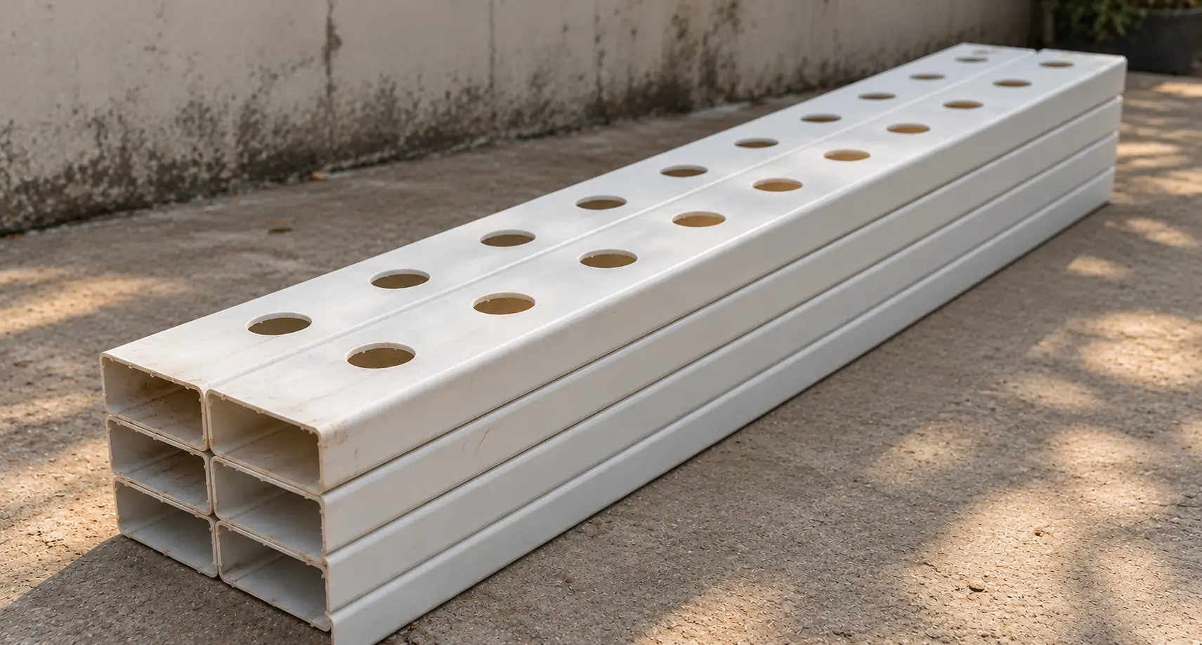 Stack of white HDPE NFT hydroponic channels with evenly spaced planting holes for growing leafy greens.