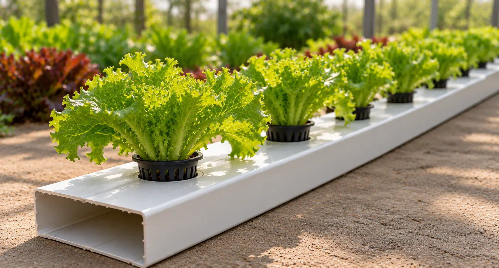 White HDPE hydroponic growing channel with lettuce plants in black net pots, designed for NFT hydroponic systems.
