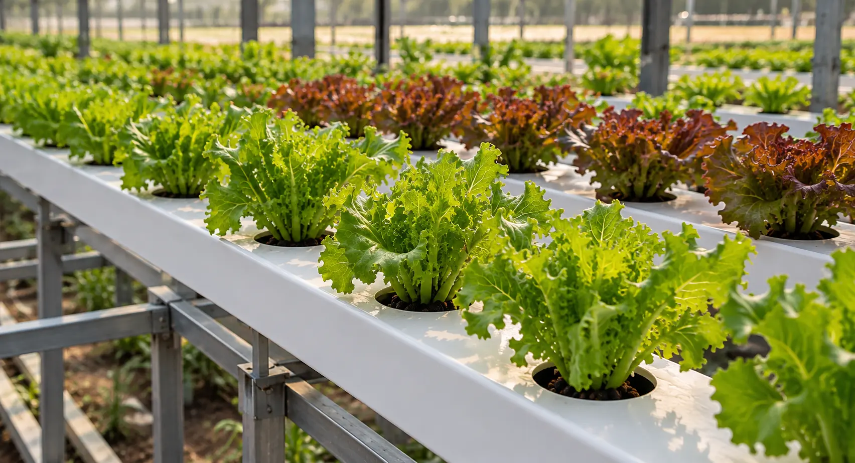 Green and red leaf lettuce growing in white hydroponic channels inside a greenhouse.