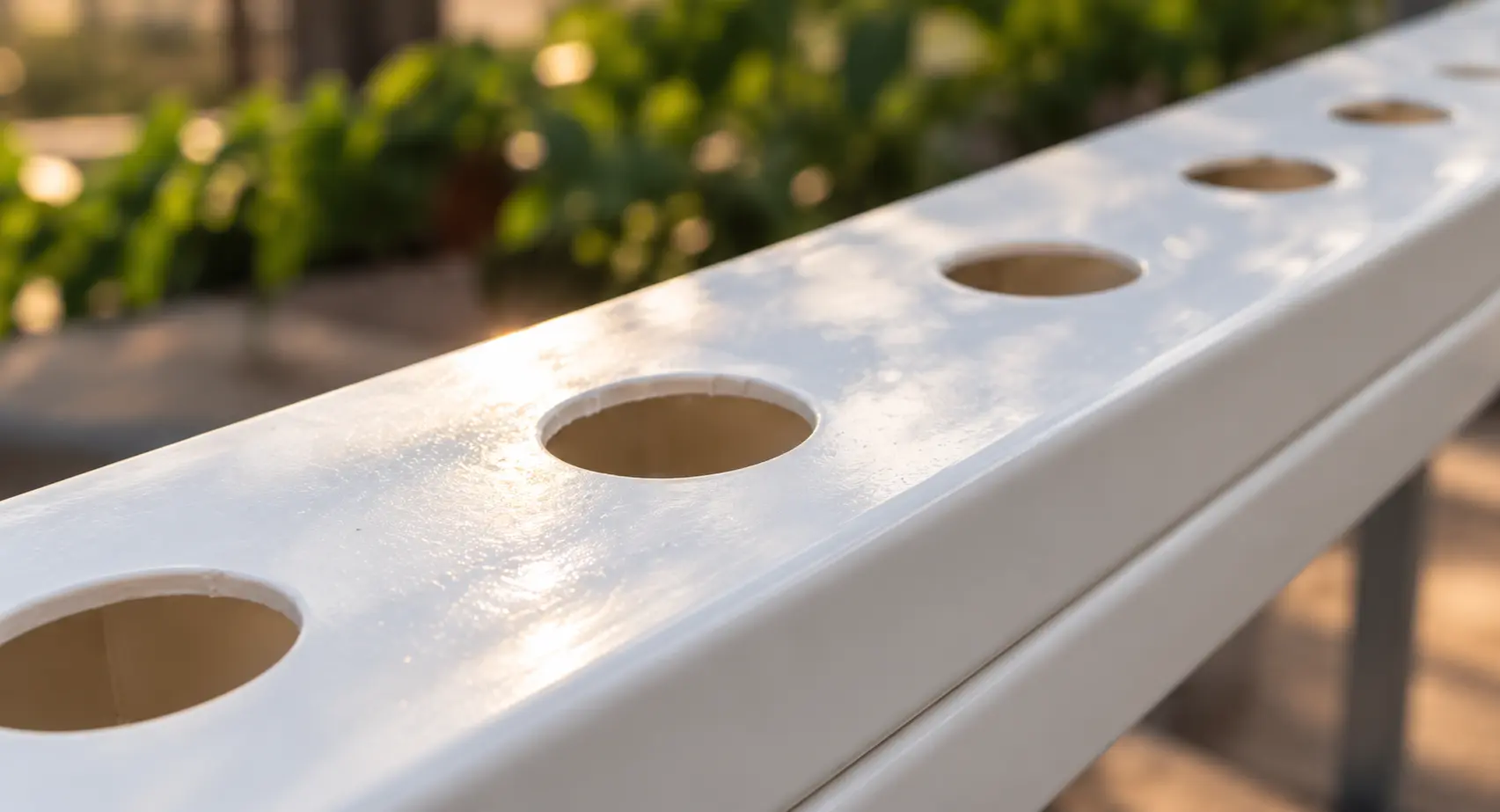 White HDPE NFT hydroponic channel with smooth inner surface and circular planting holes.