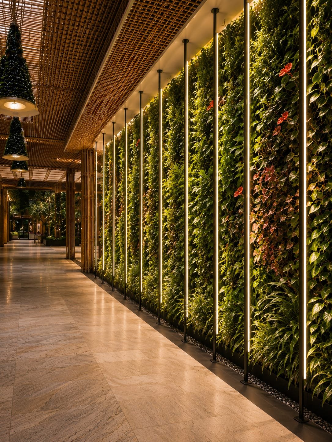Professionally installed hydroponics living wall framed in marble in a commercial lobby