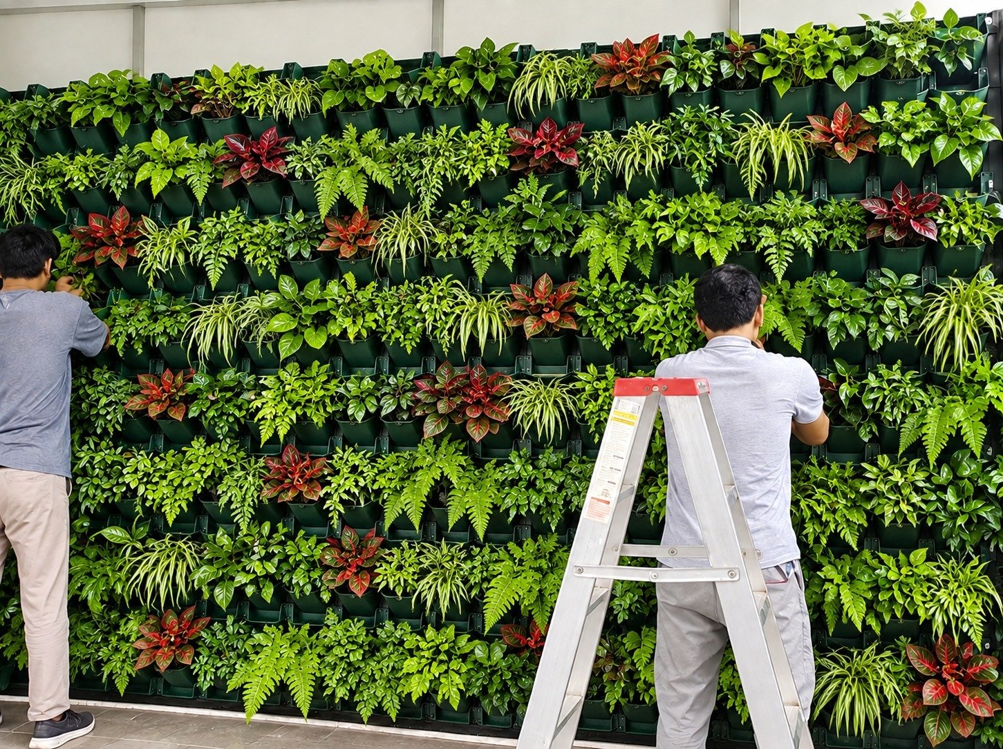 Home terrace vertical garden with marigolds, petunias and herbs under a pergola