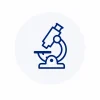 Blue line illustration of a microscope on a pale circular background, representing science or lab work