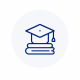 Graduation cap atop a stack of books inside a pale circle, symbolizing education or study.