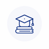 Graduation cap atop a stack of books inside a pale circle, symbolizing education or study.