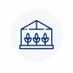 Greenhouse with three potted plants growing inside on a raised base garden bed in a blue line drawing
