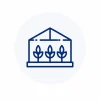 Greenhouse with three potted plants growing inside on a raised base garden bed in a blue line drawing