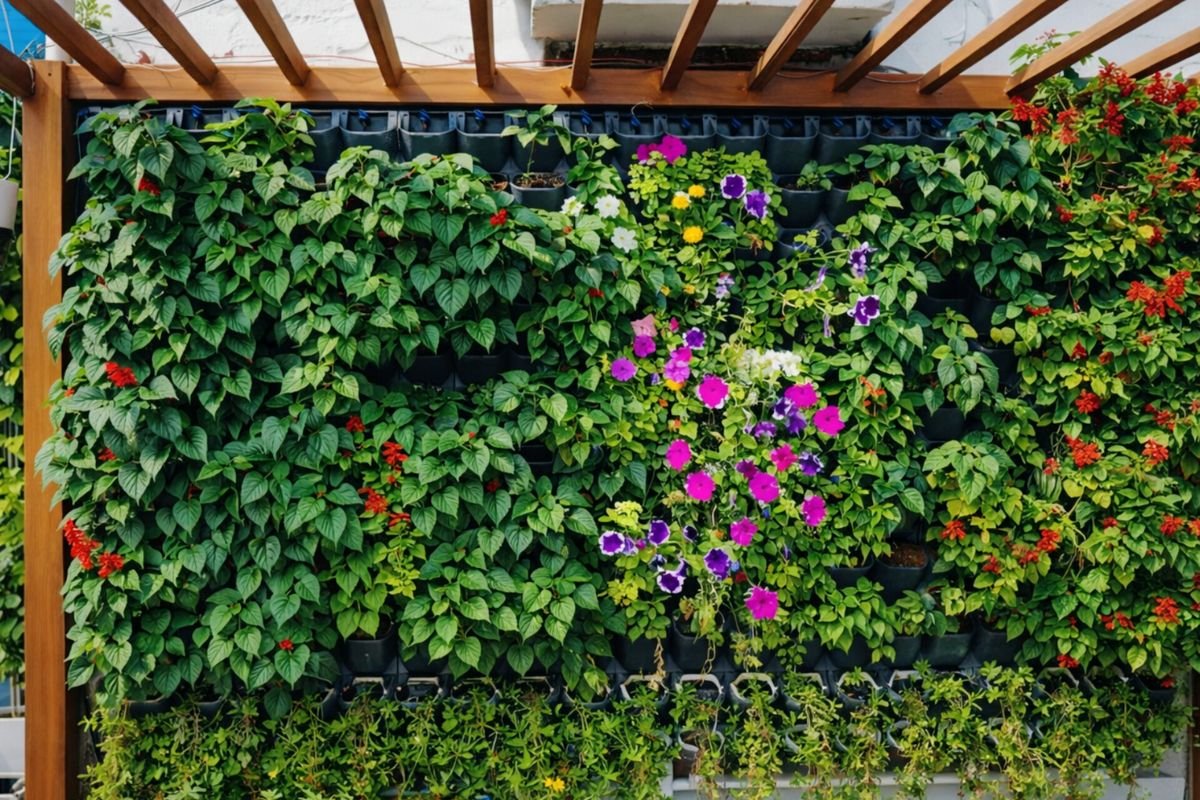 Flowering living wall under a wooden pergola