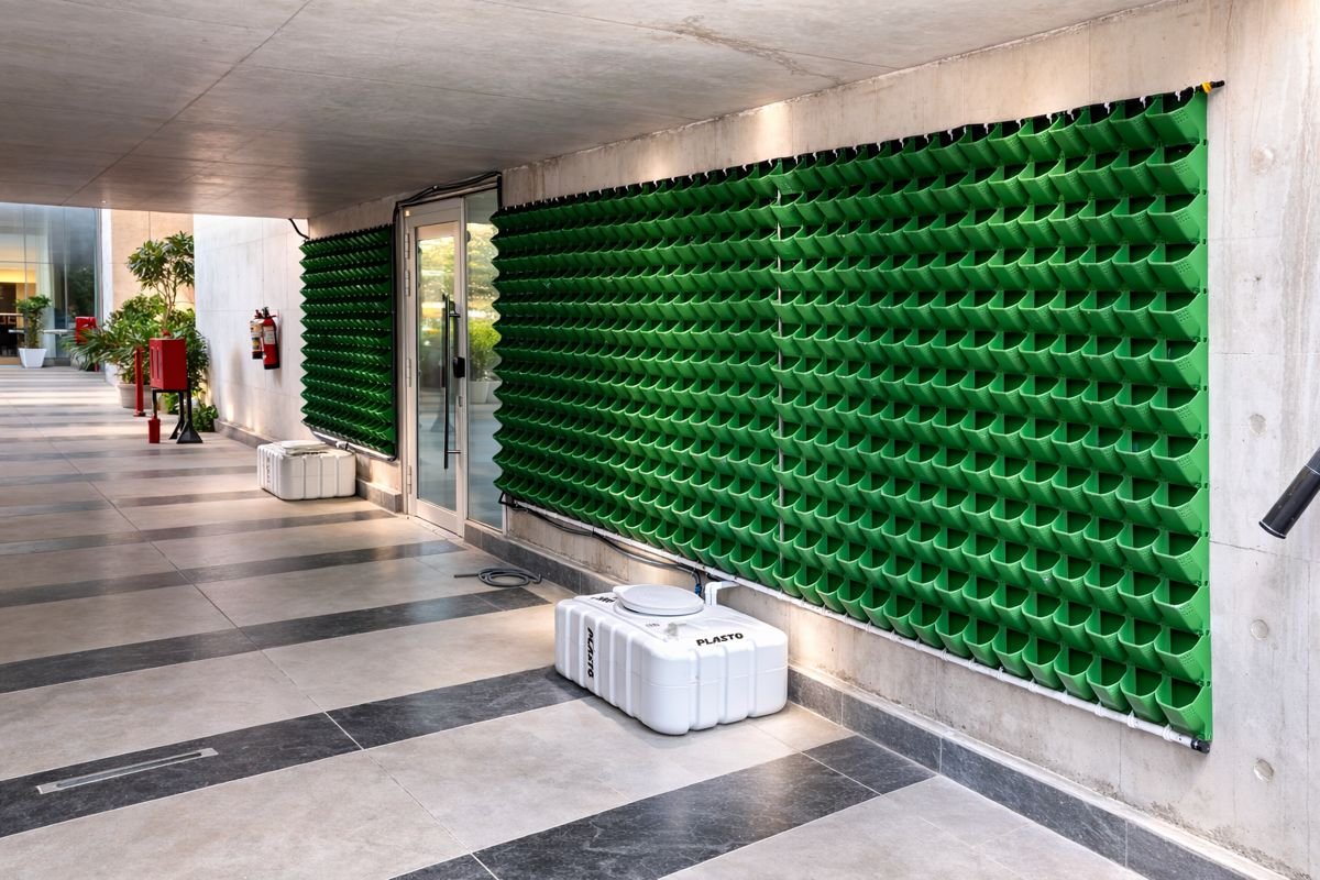 Hydroponics wall panels at an office entrance with reservoir tank