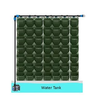 Pump in a water tank feeding the drip line, water returning to the tank