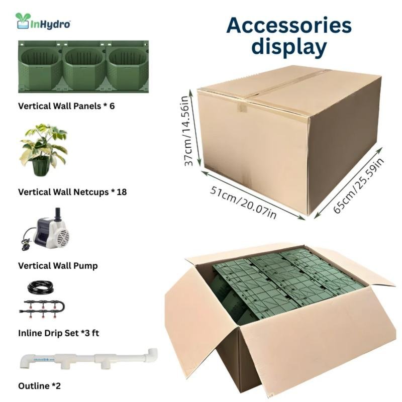 18-planter vertical garden kit contents: 6 wall panels, 18 net cups, pump, inline drip set, 2 outlines and shipping box